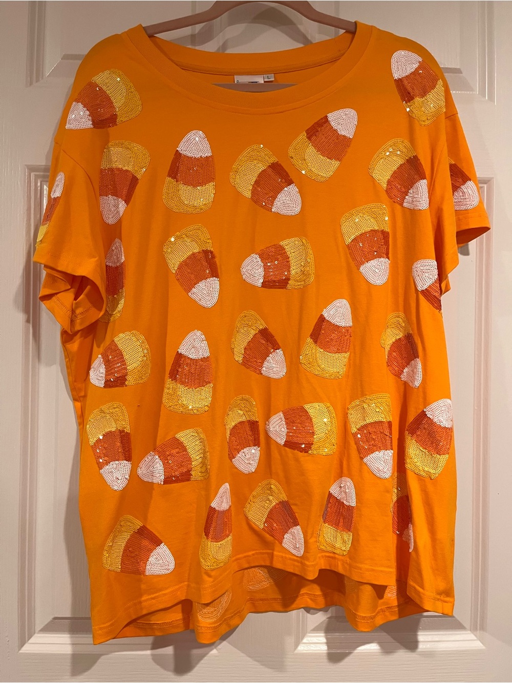 QUEEN OF SPARKLES Orange Candy Corn Sequin Short Sleeve Tee